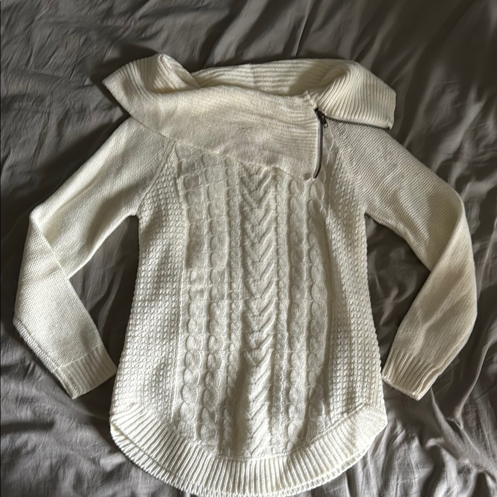 It's Our Time White Off-the-Shoulder Sweater with Intricate Cable Knit Design